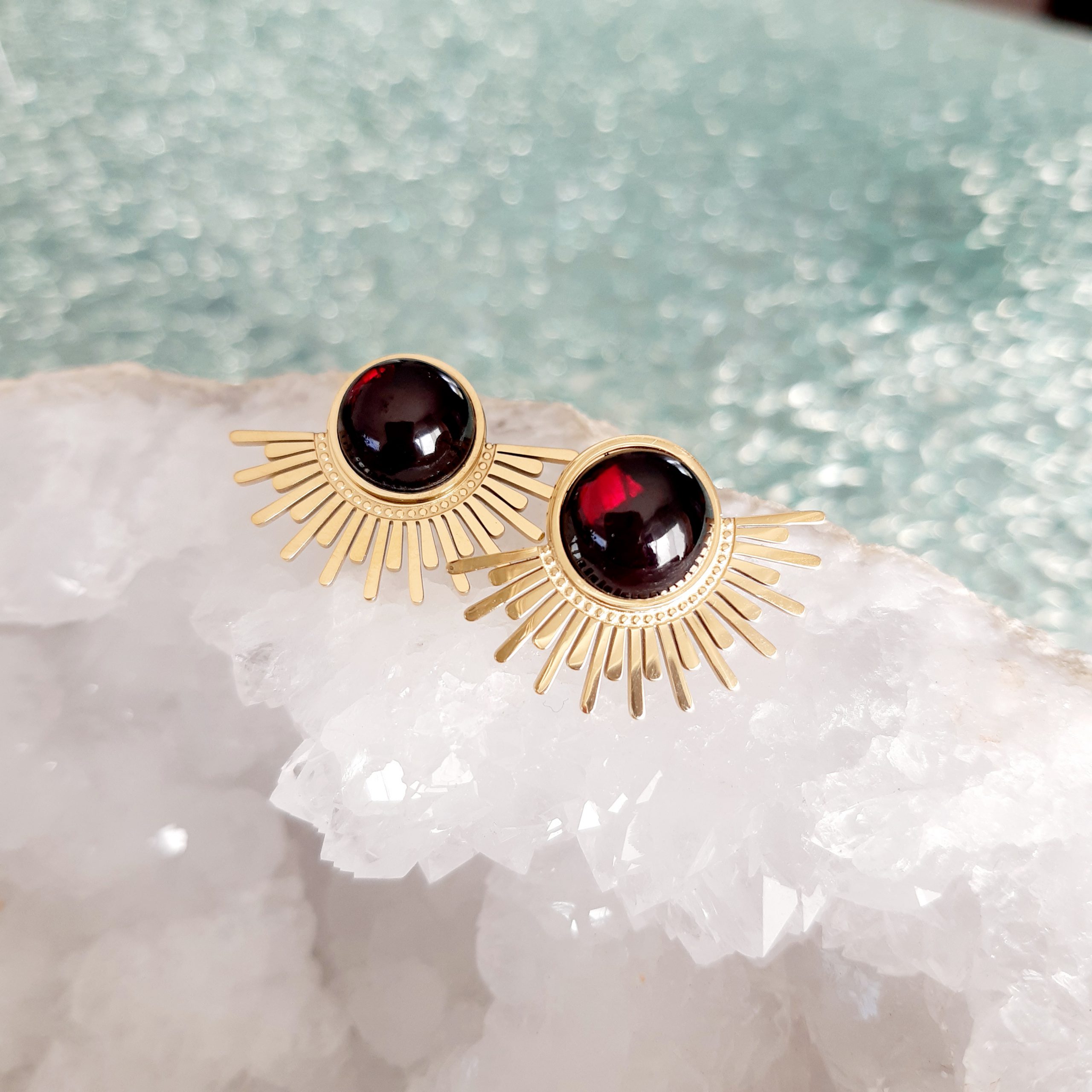 boucles d'oreilles, pierres, coucher de soleil, grenat