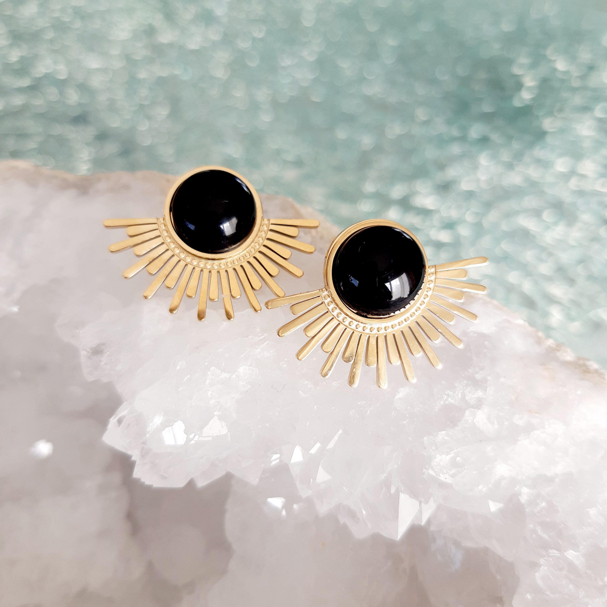 boucles d'oreilles, bijoux, coucher de soleil, onyx pierres