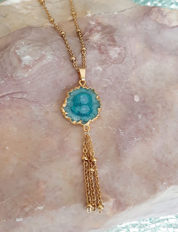 collier acier quartz solaire pierre bleu