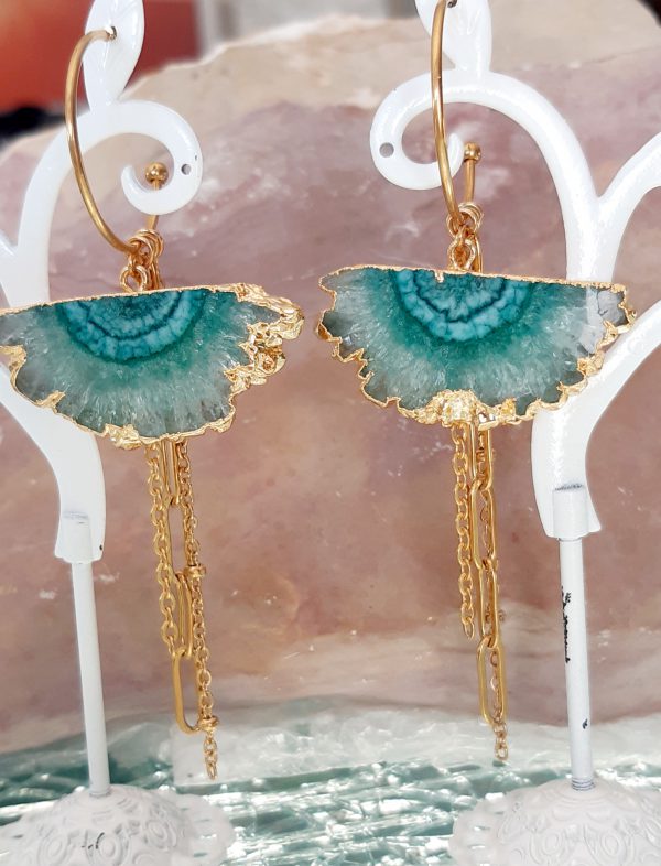bijoux boucles d'oreilles pierres quartz solaire bleues